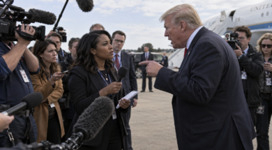 Female journalist faces an aggressive male political figure during an outdoor press gaggle as other reporters look on.